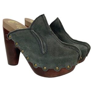 Flogg Diana gray green suede wooden studded platform mules boho festival